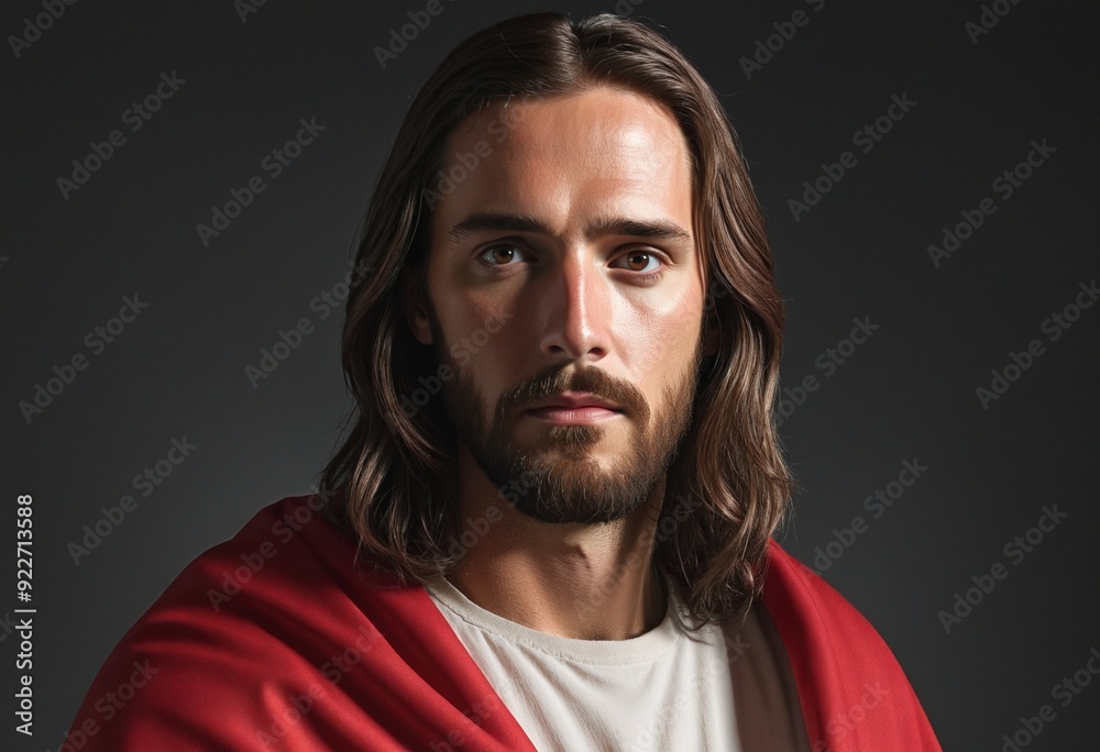 Portrait of Jesus Christ The Saviour with red scarlet cape on dark background Portrait of Jesus Christ The Saviour with red scarlet cape on dark background
