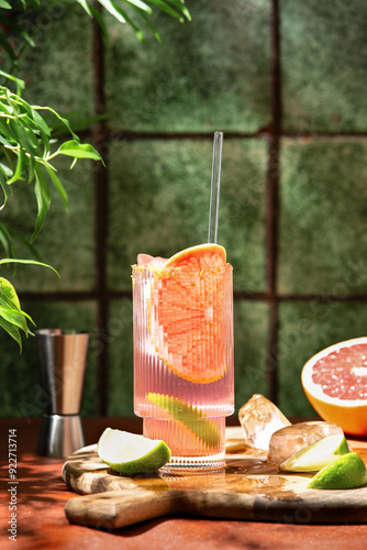 Pink grapefruit and lime long drink alcohol cocktail