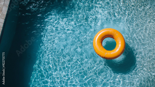 An aerial view overhead looking down on serence calm pool with yellow float photo