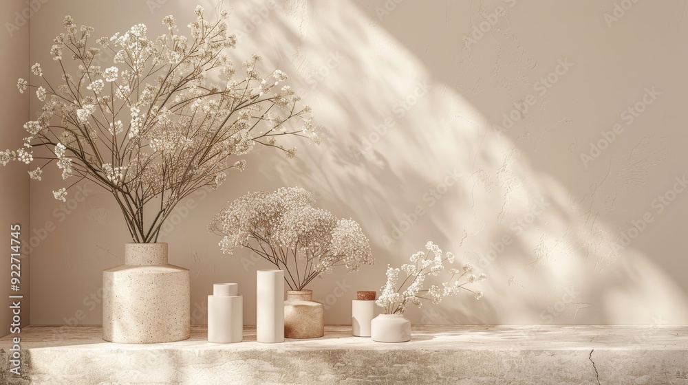 Elegant Beige 3D Product Display Stand with Minimal Floral Accents on Stylish Duotone Background Elegant Beige 3D Product Display Stand with Minimal Floral Accents on Stylish Duotone Background