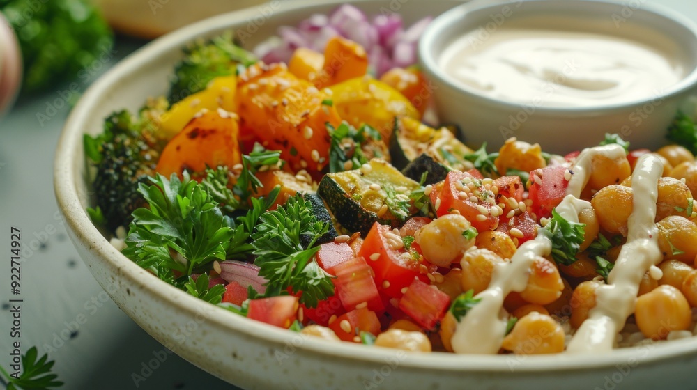 Creative vegan Buddha bowl featuring roasted vegetables, chickpeas, and a creamy tahini sauce Creative vegan Buddha bowl featuring roasted vegetables, chickpeas, and a creamy tahini sauce