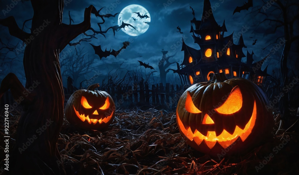Halloween, jack-o'-lanterns, pumpkins, spooky, haunted house, full moon, bats, dark, eerie, creepy, scary, gothic, night, shadows, trees, branches, graveyard, tombstones, fog, mist, glowing eyes, Halloween, jack-o'-lanterns, pumpkins, spooky, haunted house, full moon, bats, dark, eerie, creepy, scary, gothic, night, shadows, trees, branches, graveyard, tombstones, fog, mist, glowing eyes,