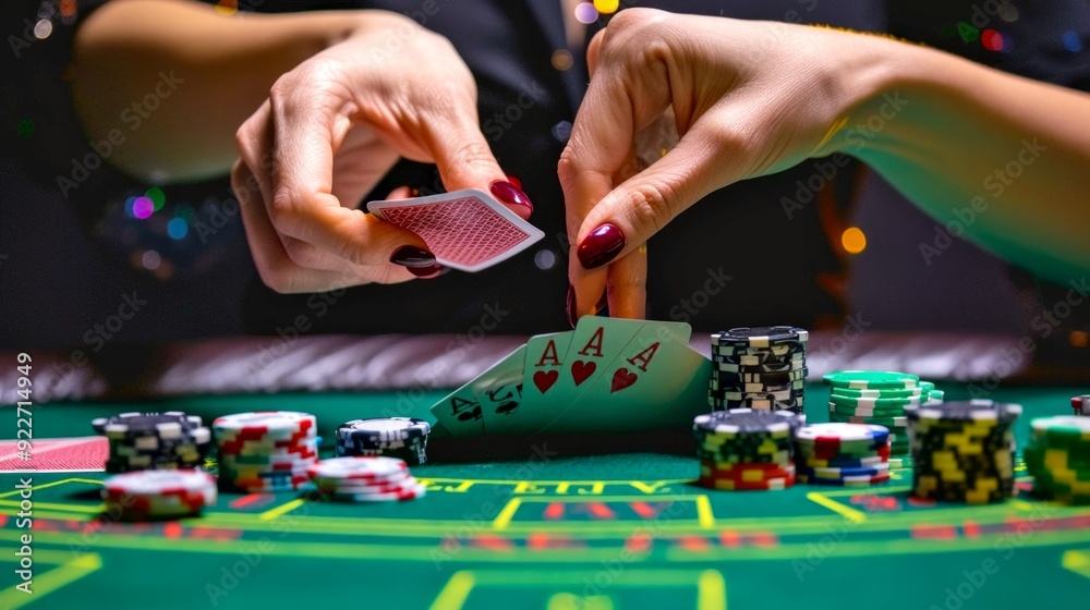 Vivid poker game table with close-up of hands holding cards and poker chips. Bright colors and intense focus. Capture the excitement of high-stakes gambling Vivid poker game table with close-up of hands holding cards and poker chips. Bright colors and intense focus. Capture the excitement of high-stakes gambling