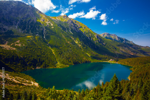 View from above of Morskie Oko, or Eye of the Sea. Beautiful mountain lake. Summer landscape in the Tatras, Poland.