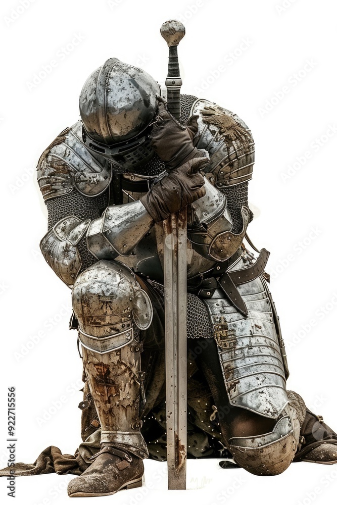 A medieval warrior kneels with his sword, ready for battle