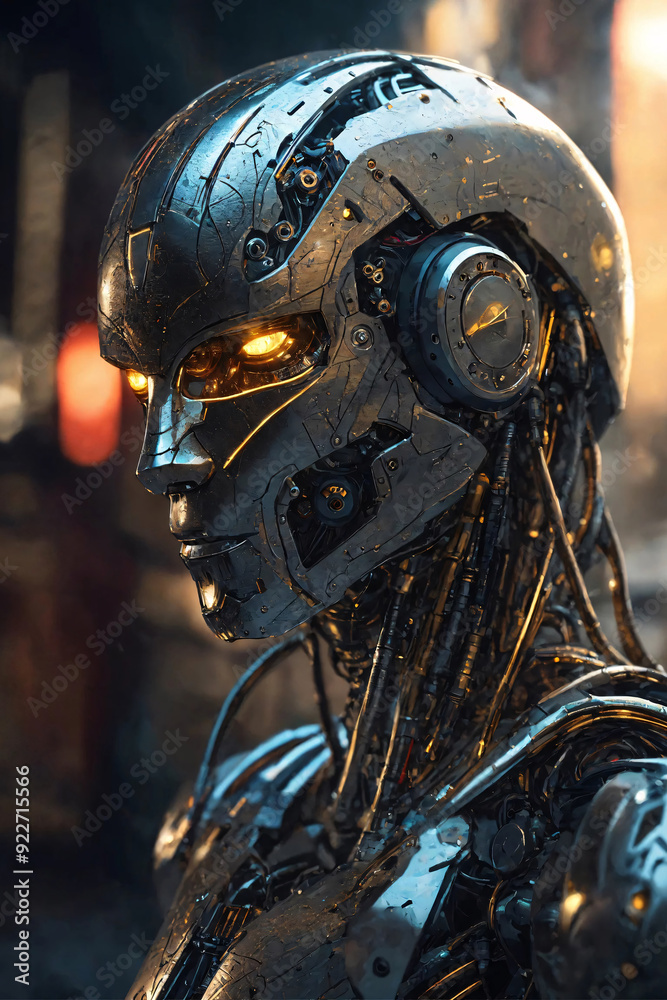 Fototapeta premium Face of humanoid metal robot close-up. Glowing eyes.