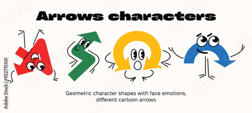 Set of Various bright basic Geometric arrows character shapes with face emotions, different cartoon basic figures. Cute colorful shapes, trendy colors. Vector illustration isolated on background