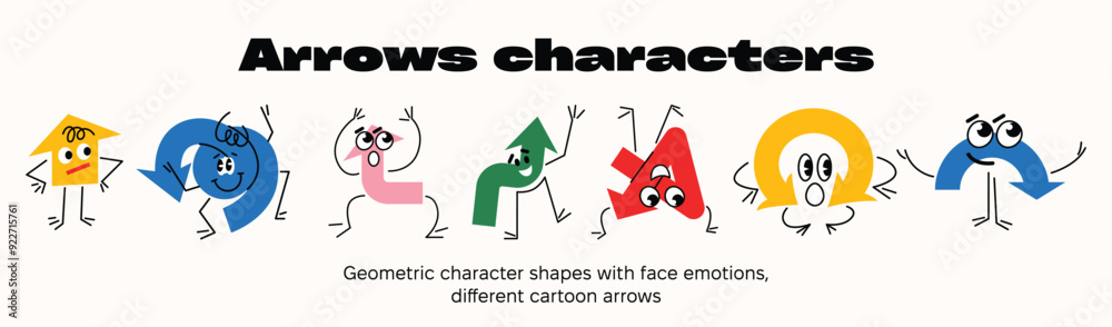Obraz premium Set of Various bright basic Geometric arrows character shapes with face emotions, different cartoon basic figures. Cute colorful shapes, trendy colors. Vector illustration isolated on background