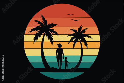 Retro vintage style sunset, palm tree, Adobe Illustrator illustration, 16k, with sunset style and mom and son silhouette, T - shirt design, T - shirt graphic, retro vintage style circle., illustration