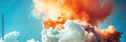 Dramatic explosion creating smoke and fire against a blue sky photo