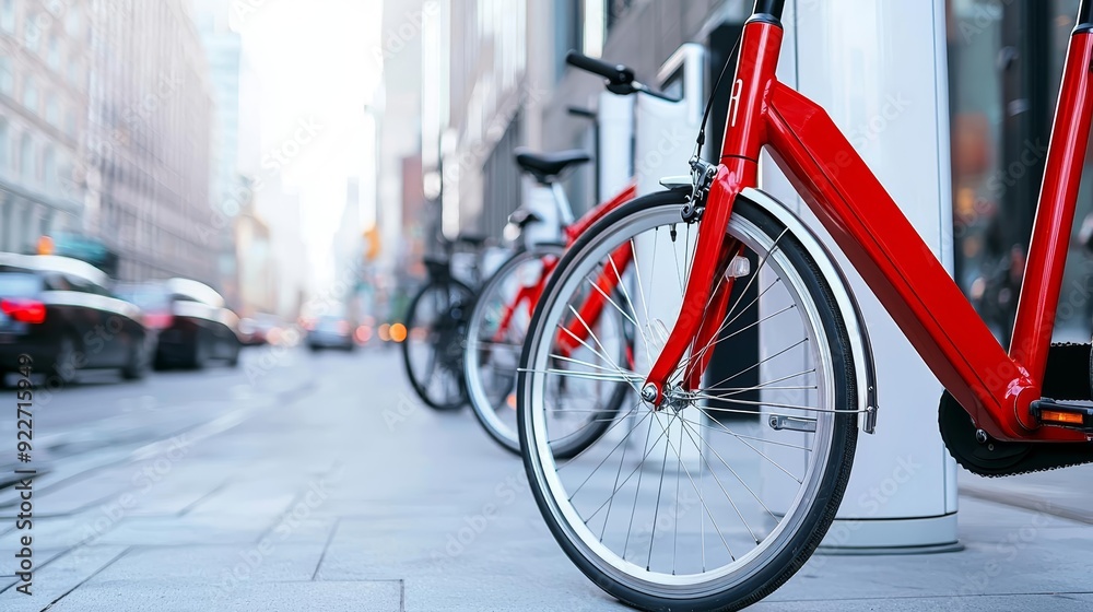 A bicycle-sharing station in a busy urban area, encouraging sustainable transportation A bicycle-sharing station in a busy urban area, encouraging sustainable transportation