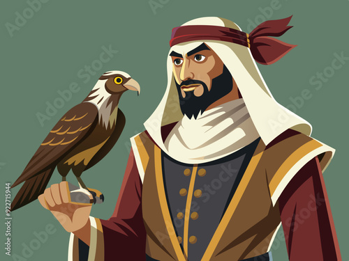 Vector Illustration of a Falconer in Traditional Robe, Captivating Wildlife Scene, Detailed Artistic Representation.