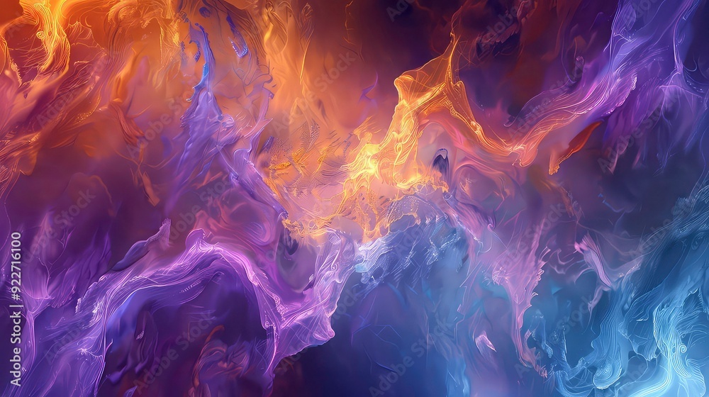 Abstract art with purple, yellow, and gold flowing lines on a black background. Abstract art with purple, yellow, and gold flowing lines on a black background.