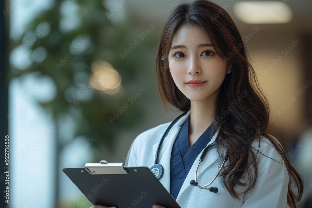 Asian doctor holding a clipboard, with a confident and caring expression, wearing professional medical attire Asian doctor holding a clipboard, with a confident and caring expression, wearing professional medical attire