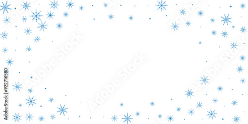 Snowflakes. Snow, snowfall. Falling scattered blue snowflakes on a white background.