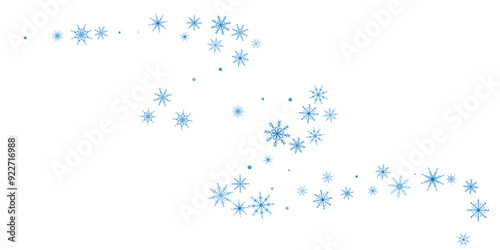 Snowflakes. Snow, snowfall. Falling scattered blue snowflakes on a white background.