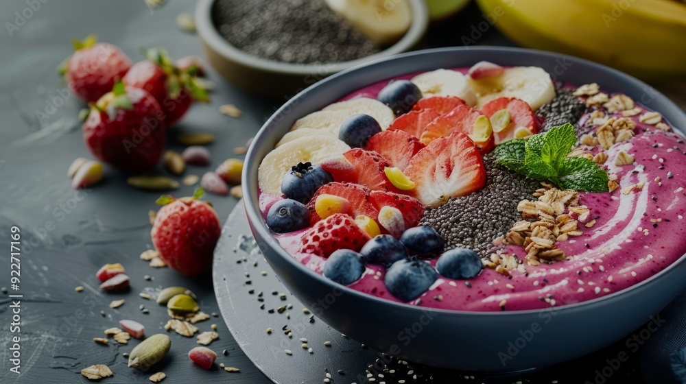 Colorful vegan smoothie bowl topped with fresh fruit, seeds, and nuts for a nutritious breakfast Colorful vegan smoothie bowl topped with fresh fruit, seeds, and nuts for a nutritious breakfast