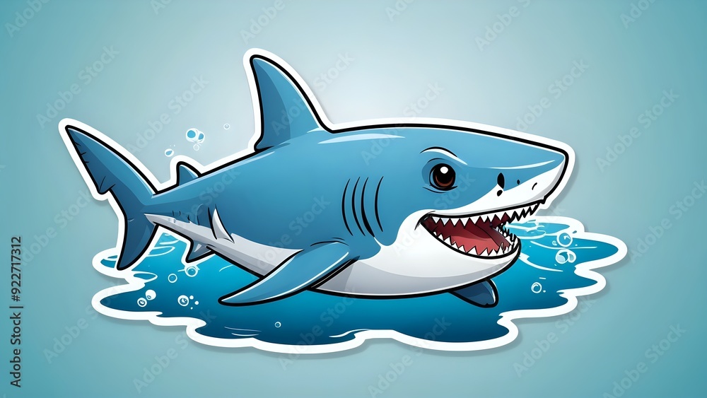 Fototapeta premium Cartoon sticker of a friendly shark with a big toothy smile.