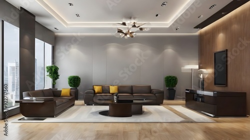 modern living room two sofas tv on the wall and carpet