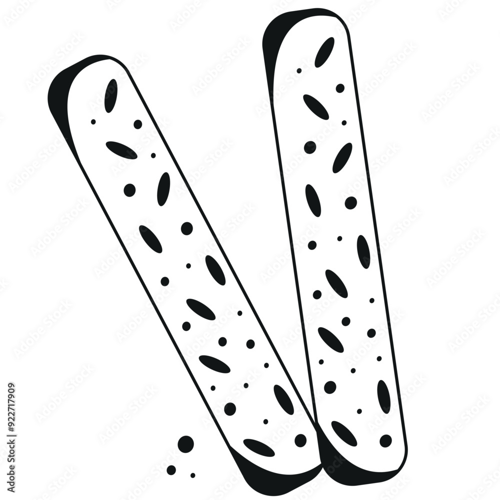 black icon of long two rye crackers with crumbs from crackers, vector black icon of long two rye crackers with crumbs from crackers, vector
