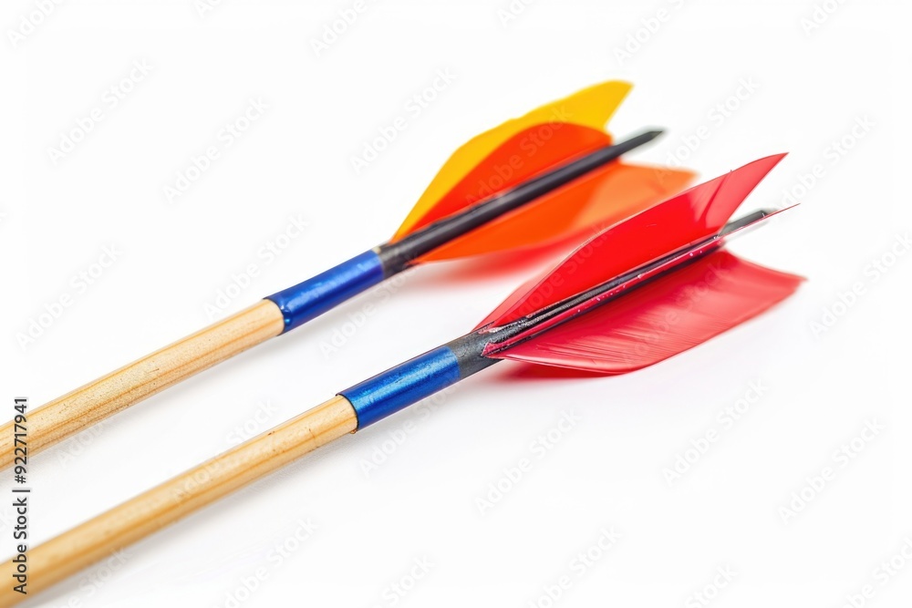 Three wooden arrows alongside two colorful arrows, perfect for outdoor adventure illustrations or abstract designs Three wooden arrows alongside two colorful arrows, perfect for outdoor adventure illustrations or abstract designs
