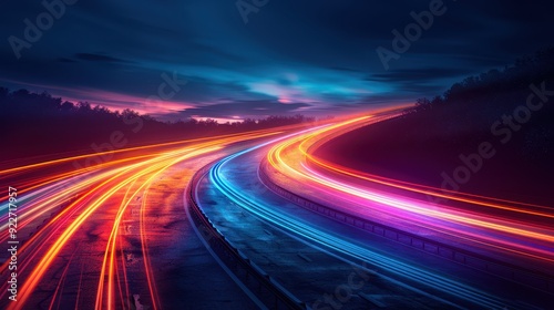 Colorful light trails on a highway at night create a futuristic and dynamic scene.