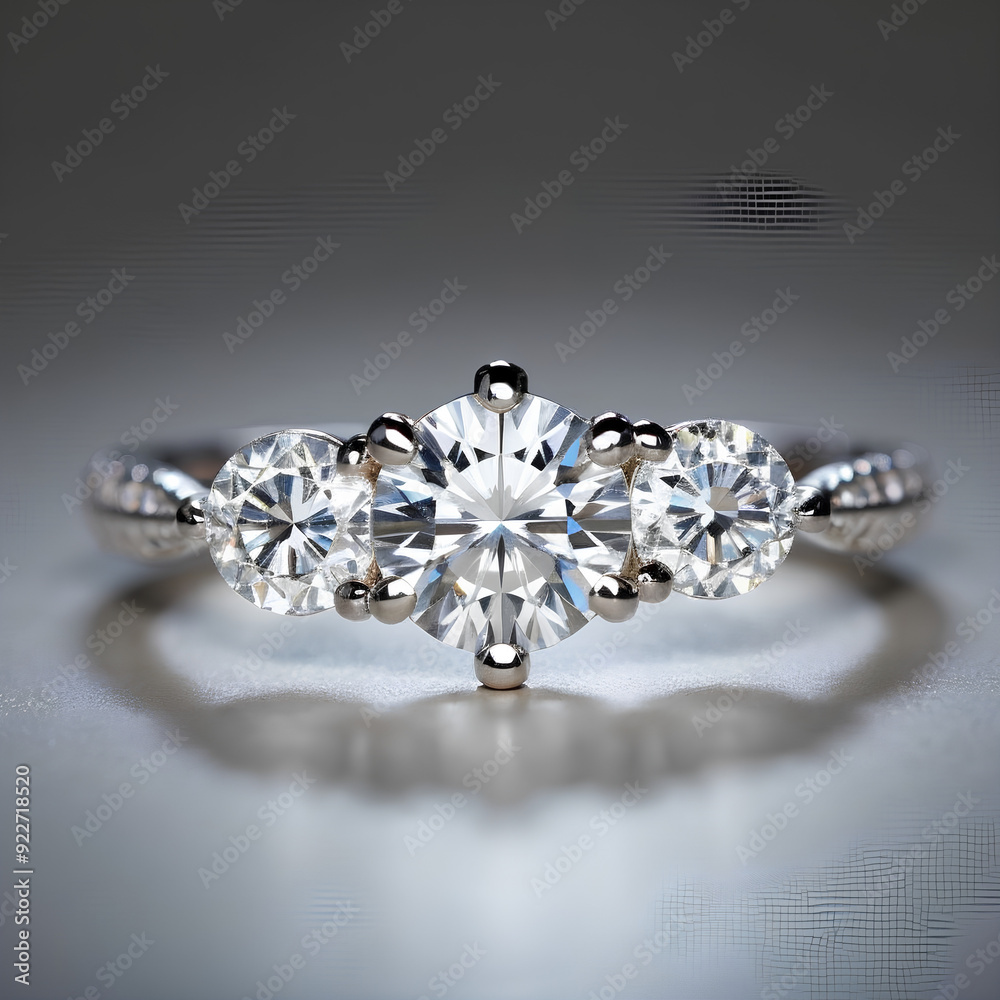 A three-stone diamond ring with perfectly aligned diamonds in the center, exuding elegance and brilliance. A three-stone diamond ring with perfectly aligned diamonds in the center, exuding elegance and brilliance.