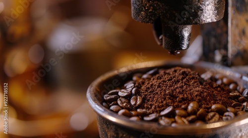 Freshly ground coffee beans in a rustic grinder, showcasing rich textures and aromas photo