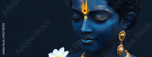 Closeup portrait of Hindu god Lord Krishna with blue skin and beautiful jewelry. Krishna Janmashtami, Govardhan Puja, Vishu Kani. Indian religious festival. Banner, poster, card with copy space 