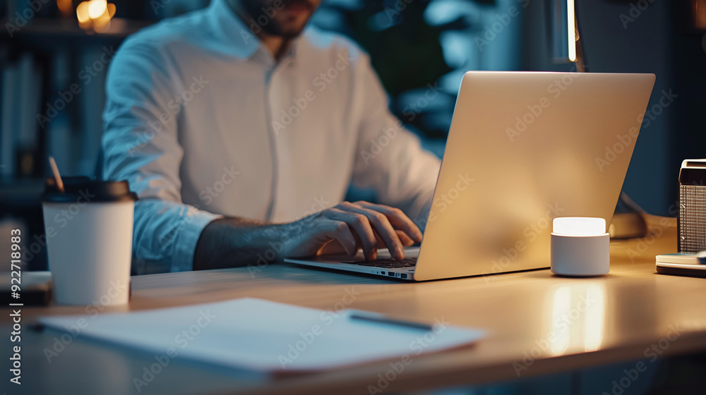 an entrepreneur working on a laptop at night an entrepreneur working on a laptop at night