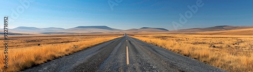 A solitary highway stretches through a vast golden prairie, inviting adventure under the expansive blue sky and majestic mountain backdrop.