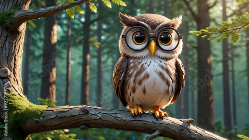 A cute owl with big eyes and round glasses perched on a branch in a forest.