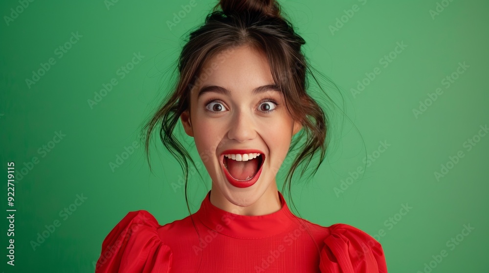Photo of gorgeous stunning cheerful cute girl open mouth woman wear red trendy clothes isolated on green color background Photo of gorgeous stunning cheerful cute girl open mouth woman wear red trendy clothes isolated on green color background