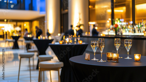 an executive cocktail event setup with high-top tables, candlelit ambiance, and a luxurious bar in the background