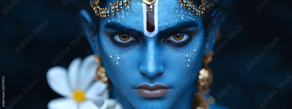 Closeup portrait of Hindu god Lord Krishna with blue skin and beautiful jewelry. Krishna Janmashtami, Govardhan Puja, Vishu Kani. Indian religious festival. Banner, poster, card with copy space Closeup portrait of Hindu god Lord Krishna with blue skin and beautiful jewelry. Krishna Janmashtami, Govardhan Puja, Vishu Kani. Indian religious festival. Banner, poster, card with copy space