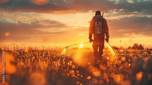 A young farmer spraying weed control on a field with a backpack sprayer at dawn time in the village area. Generative AI.