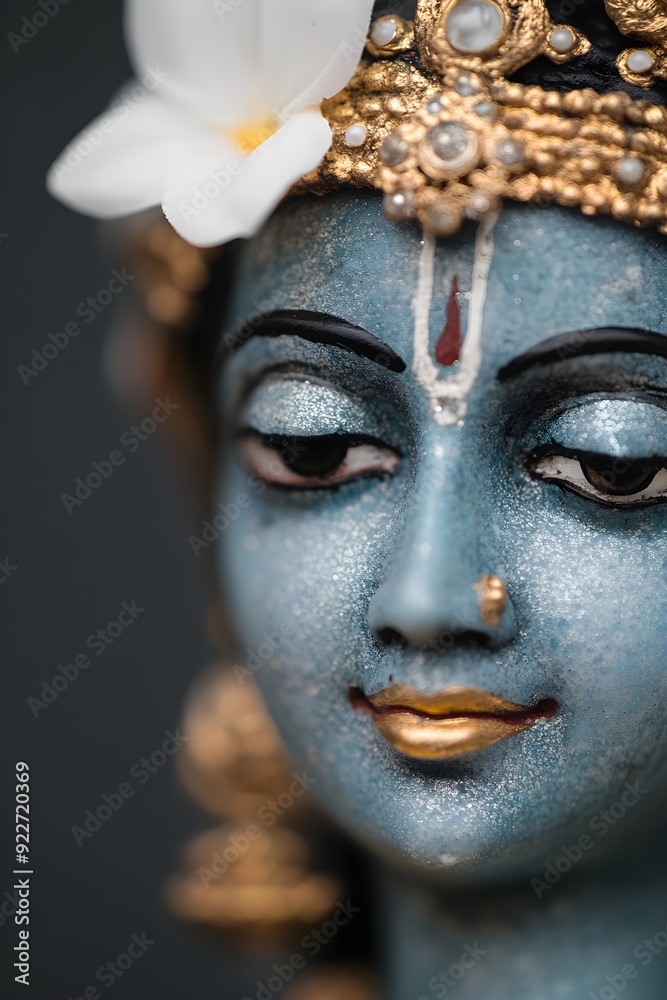 Closeup portrait of Hindu god Lord Krishna with blue skin and beautiful jewelry. Krishna Janmashtami, Govardhan Puja, Vishu Kani. Indian religious festival. Banner, poster, card with copy space 