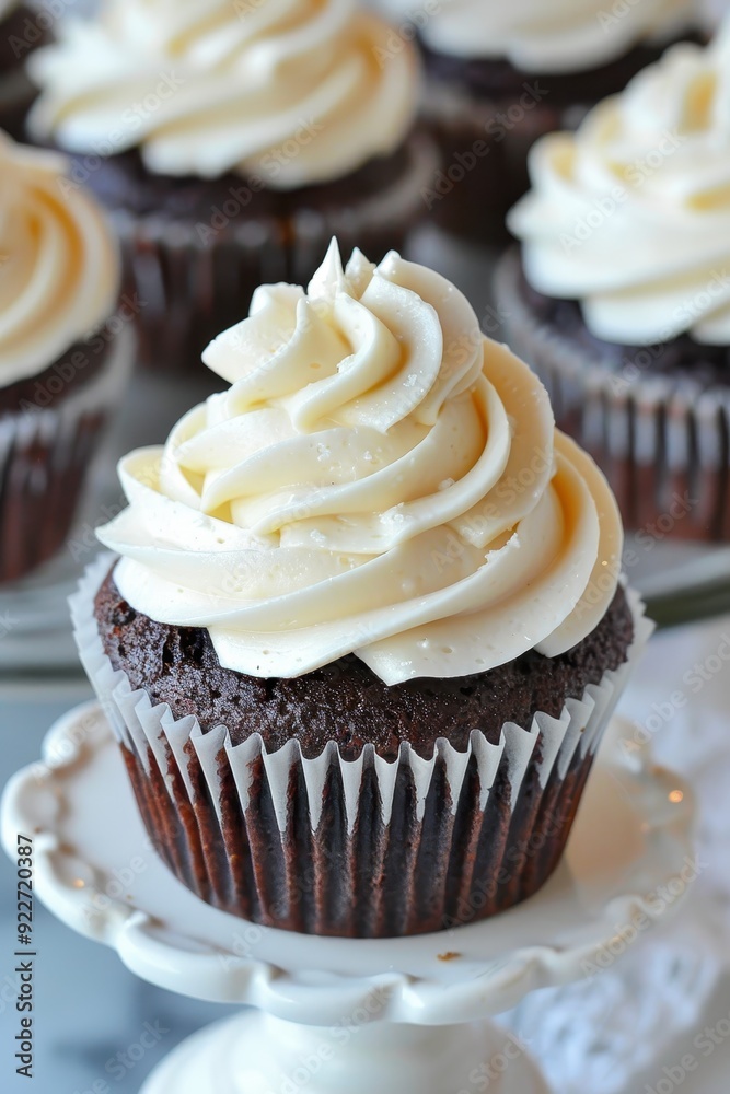 Delicious chocolate cupcakes topped with vanilla frosting on a white stand. Delicious chocolate cupcakes topped with vanilla frosting on a white stand.