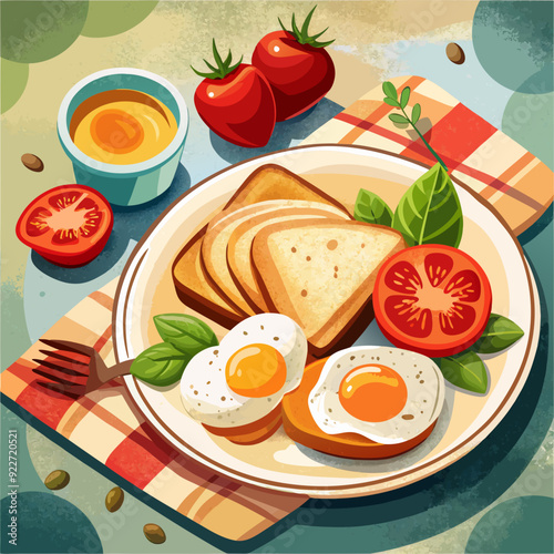 Breakfast spread with fresh egg tomatoes and toasts art vector