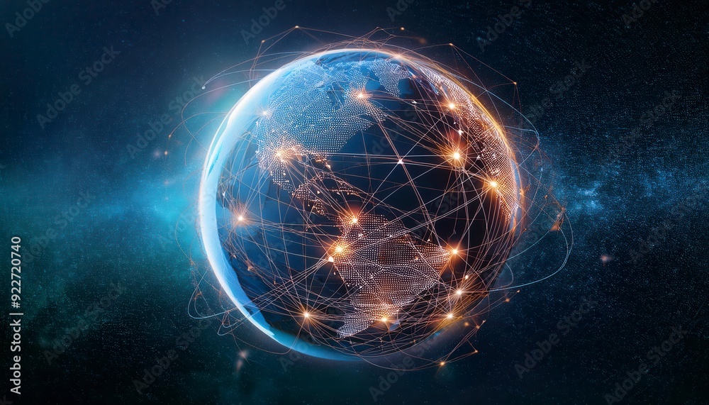 Obraz premium Earth globe with Erope map, telecommunication and data transfer networks with global internet and artificial intelligence connectivity for communication technology. Generated image