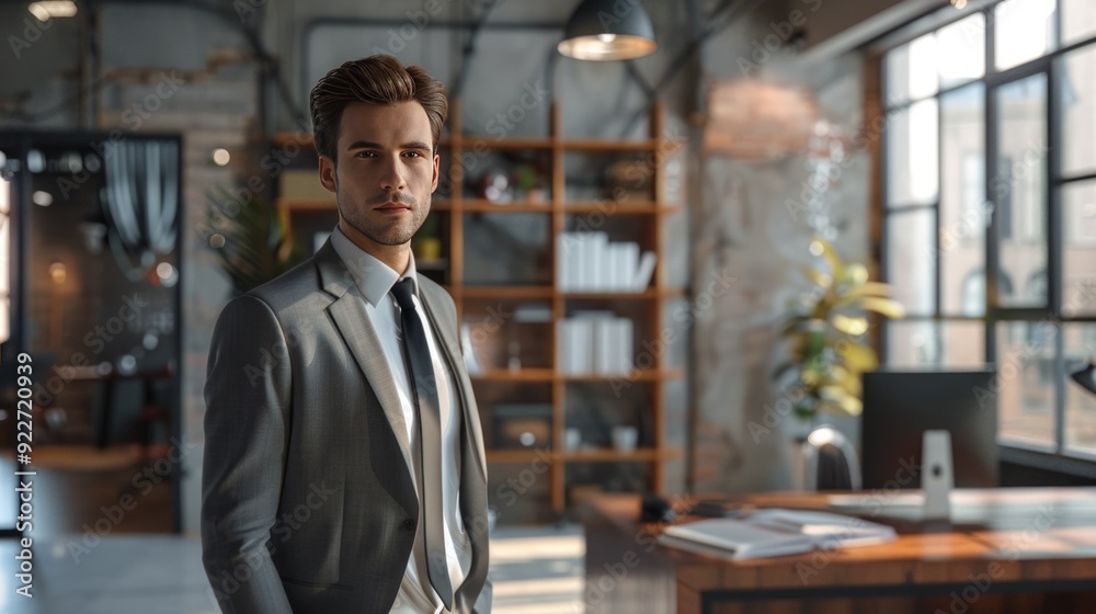 Dynamic executive in a modern office, projecting leadership and professionalism