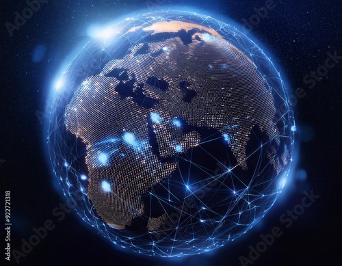Fototapeta Naklejka Na Ścianę i Meble -  Virtual blue globe planet with a network of lines connection technology. Generated image