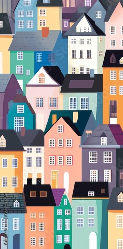 Colorful flat illustration of diverse urban houses in a vibrant city neighborhood