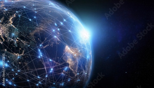 Virtual blue globe planet with a network of lines connection technology. Generated image