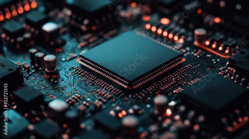 A close-up image showcasing the intricacies of a computer circuit board, highlighting the detailed components and the sophisticated technology involved in modern electronics.