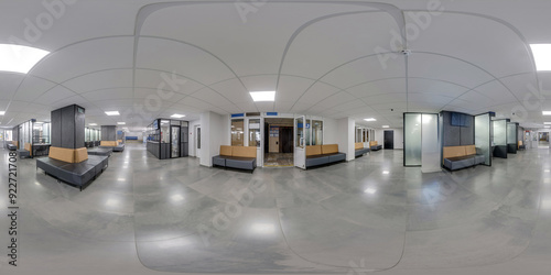 hdri 360 panorama view in empty modern hall of reception and doors in administrative building in full seamless spherical equirectangular projection, ready AR VR content