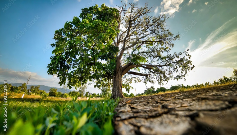 Fototapeta premium Half dry earth and tree showing the progression of climate change, environmental issues of planet Earth