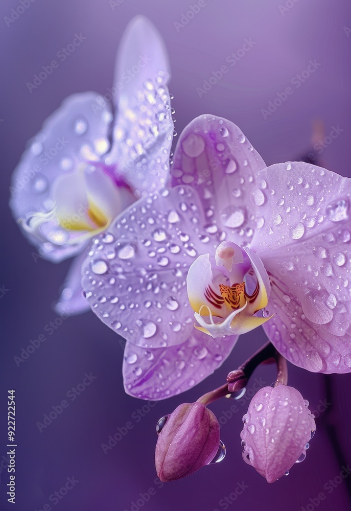 Close-up of delicate purple orchids with dew drops against a soft violet background. Close-up of delicate purple orchids with dew drops against a soft violet background.