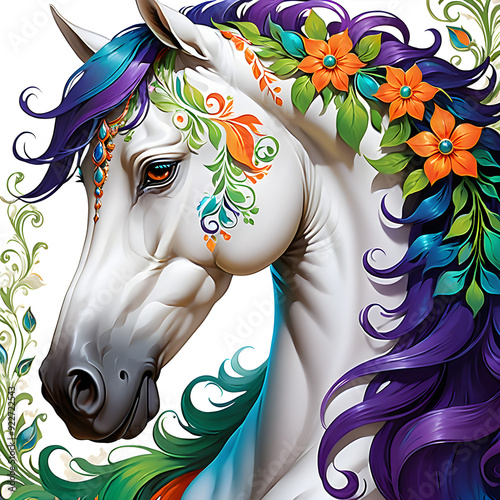 Experience the enchanting beauty of a close-up portrait showcasing a horse embellished with intricate floral designs in vivid hues. The artist's skillful hand brings out the mesmerizing contrast betwe photo