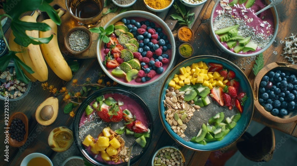 Fototapeta premium Nutritious breakfast spread featuring smoothie bowls and superfoods, with a focus on wholesome ingredients and vibrant presentation